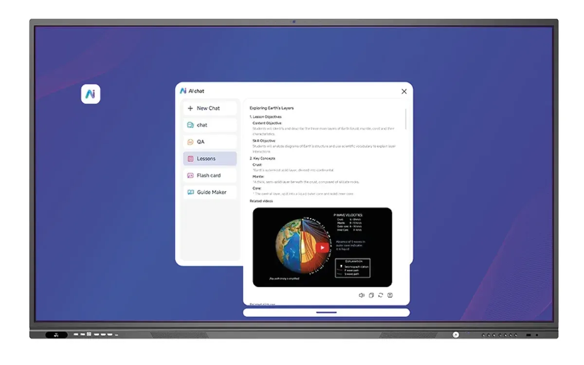 Pantalla interactiva QMaster con el asistente de IA abierto y una lección generada sobre las capas de la Tierra