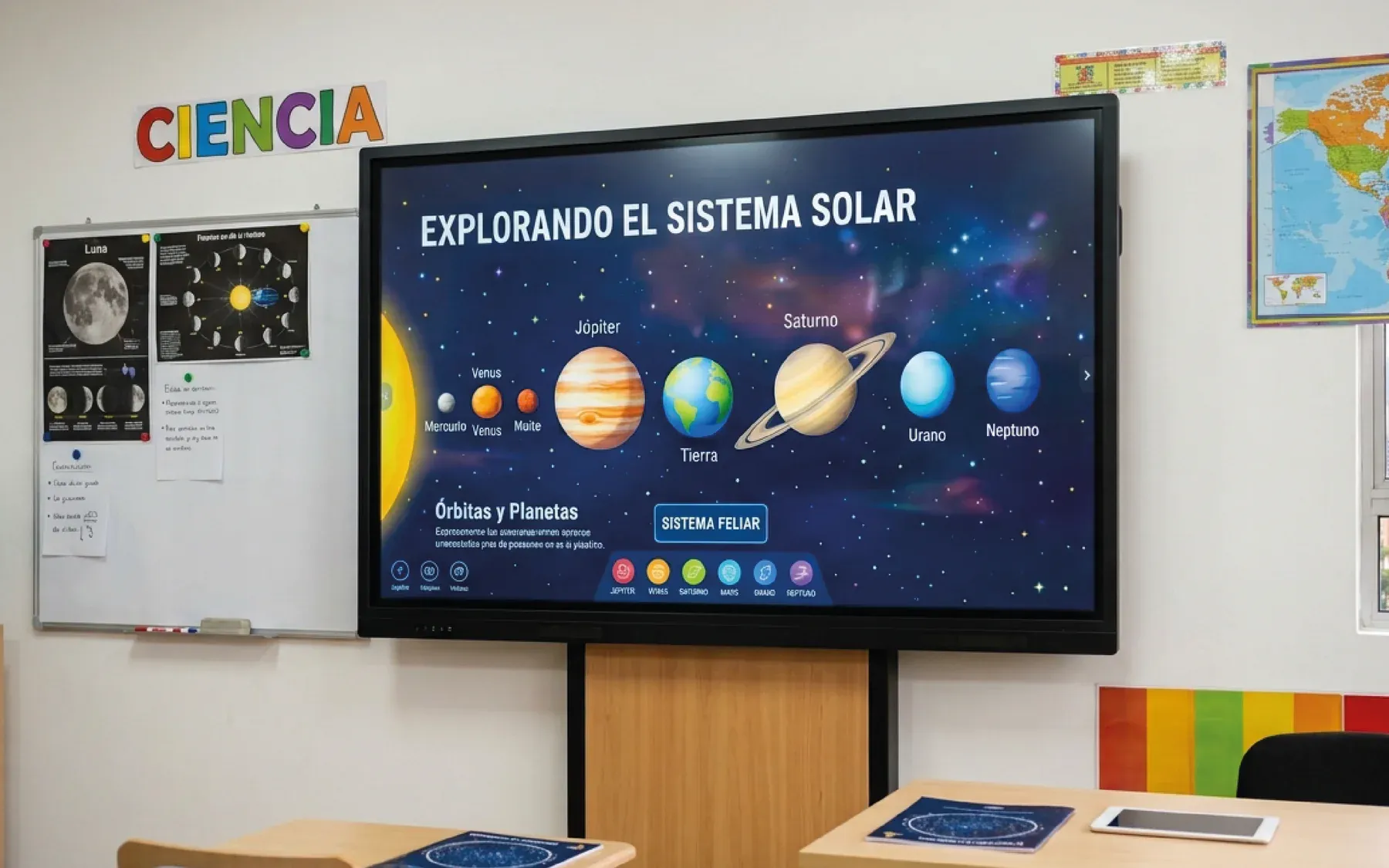 Aula de ciencias con una pantalla interactiva QMaster mostrando una lección sobre el sistema solar, con los pupitres y el tablero del salón alrededor