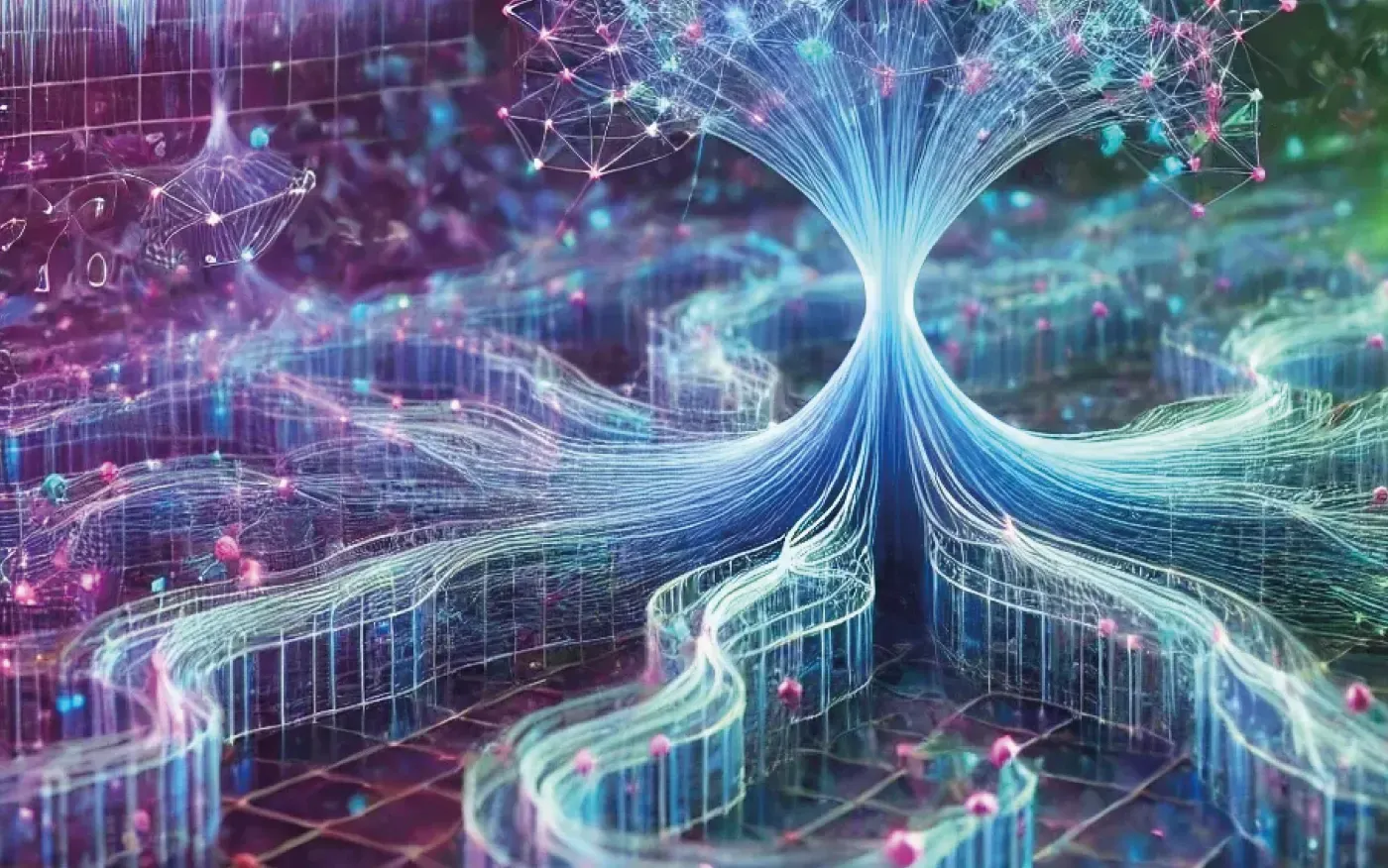 Ilustración abstracta de una red neuronal: miles de filamentos luminosos que convergen en un punto central, sobre una malla de nodos azules y rosados.
