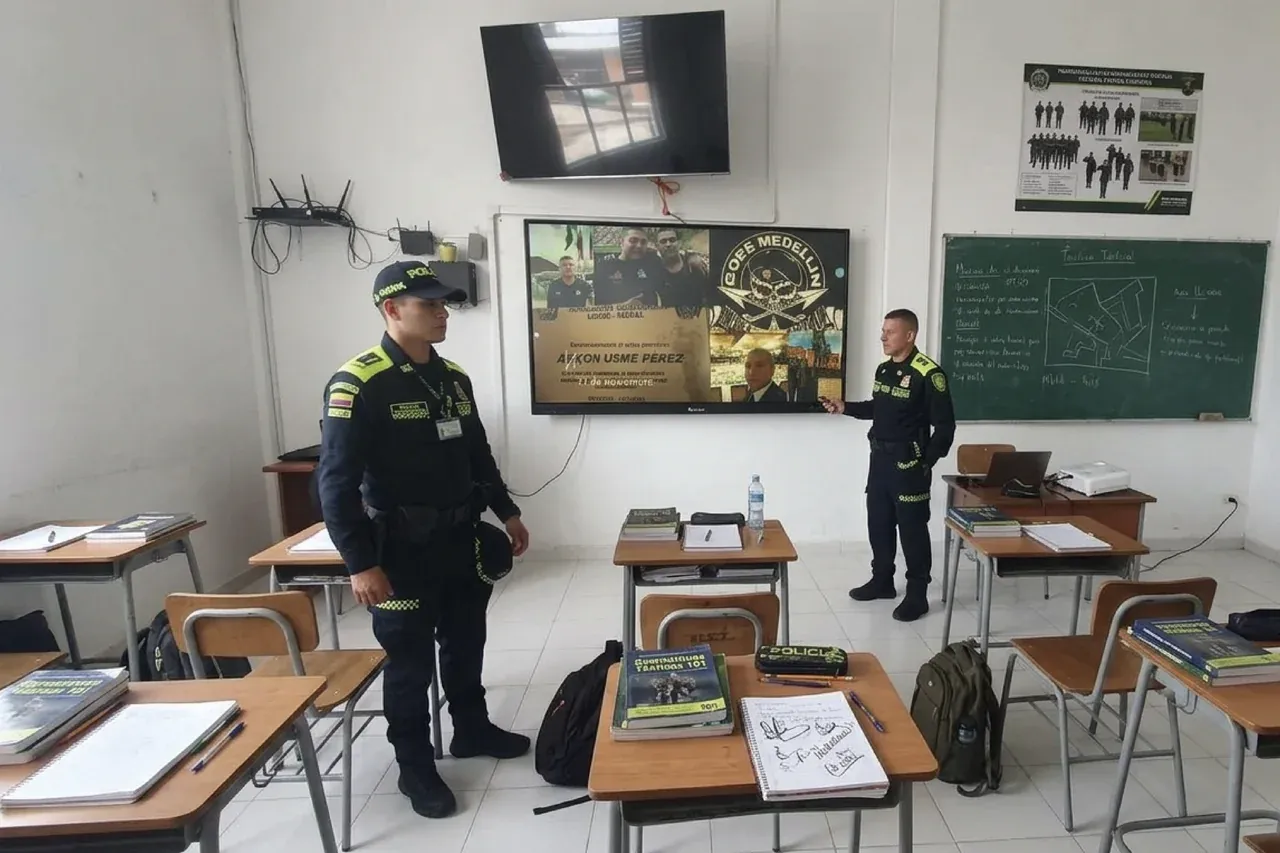 Aula de formación de la Policía Nacional con uniformados de pie frente a la pantalla interactiva encendida durante una sesión.