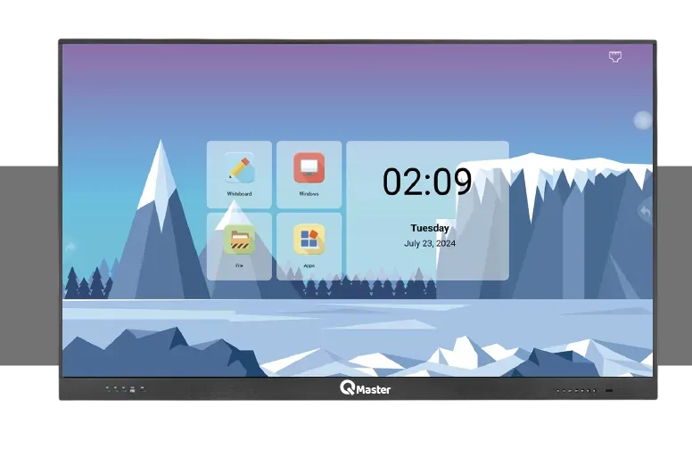 Pantalla interactiva QMaster de frente, encendida en su pantalla de inicio