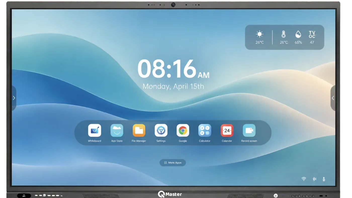 Pantalla interactiva QMaster KRC-AIO de frente, encendida, con la barra de cámara y micrófonos sobre el marco superior