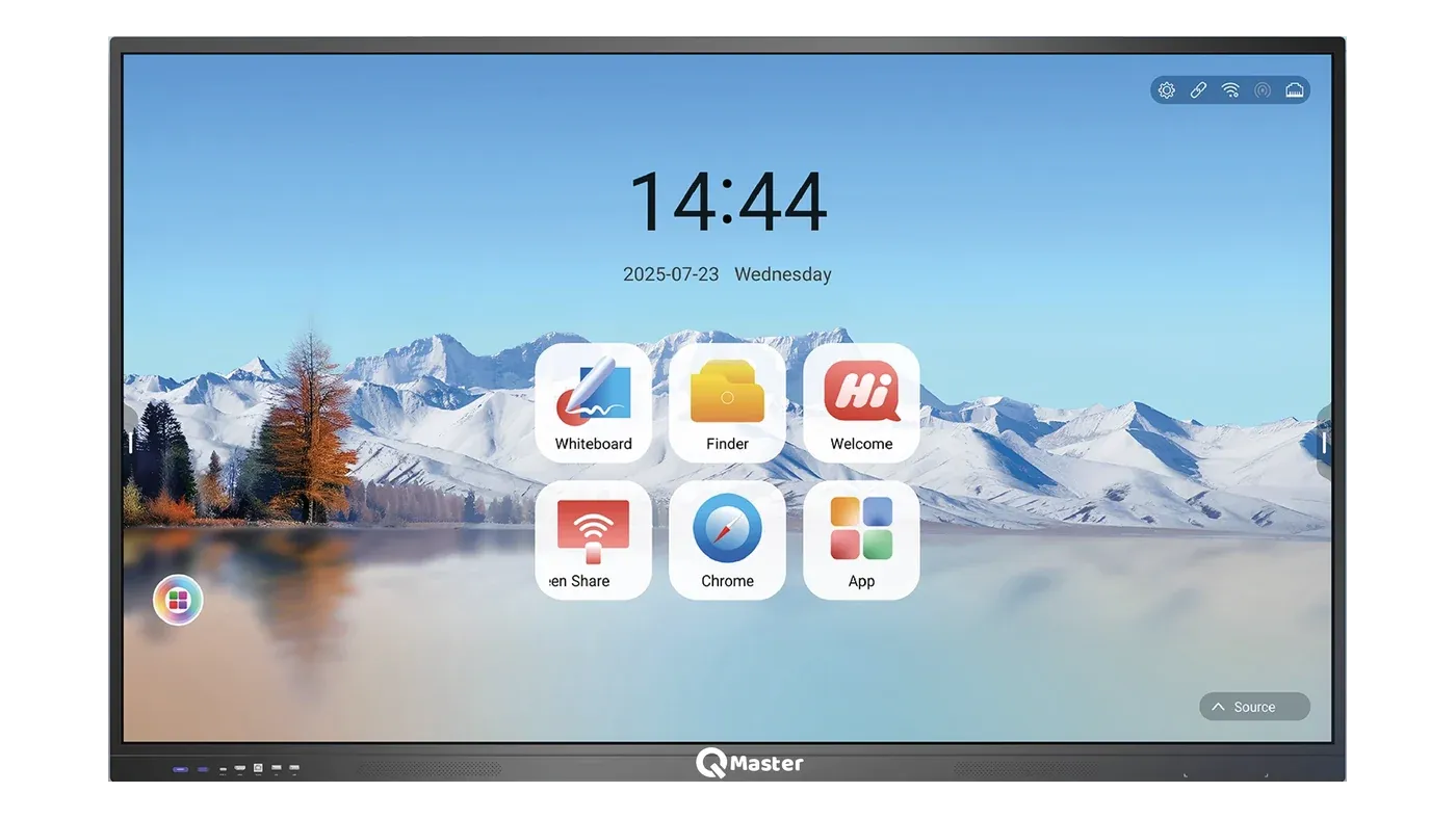 Pantalla interactiva QMaster serie LTN de frente, encendida en su pantalla de inicio con los accesos a pizarra, eShare y navegador