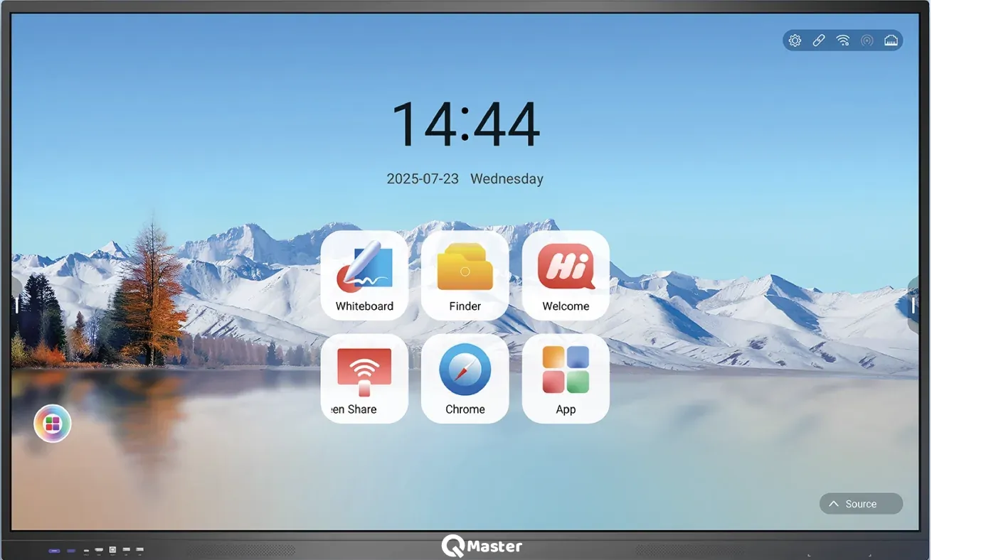 Pantalla interactiva QMaster serie LTN de frente, encendida en su pantalla de inicio con los accesos a pizarra, eShare y navegador