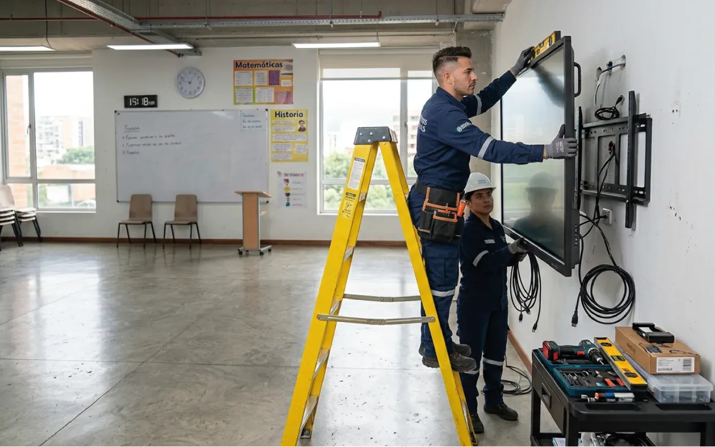 Dos técnicos montando el soporte de una pantalla en la pared, con escalera y herramienta