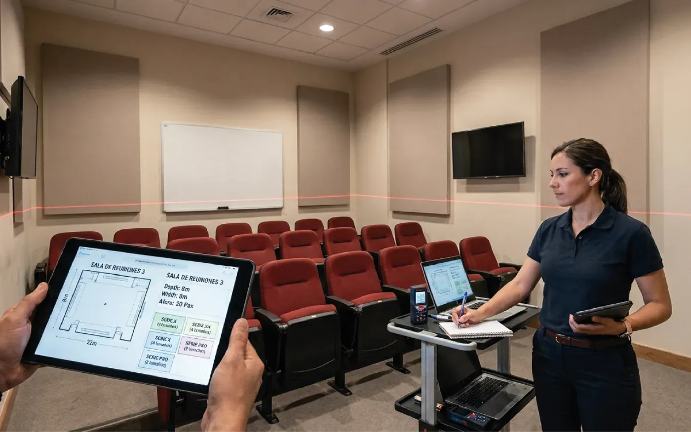 Técnica con una tableta que muestra el plano de una sala, midiendo el espacio antes de la instalación