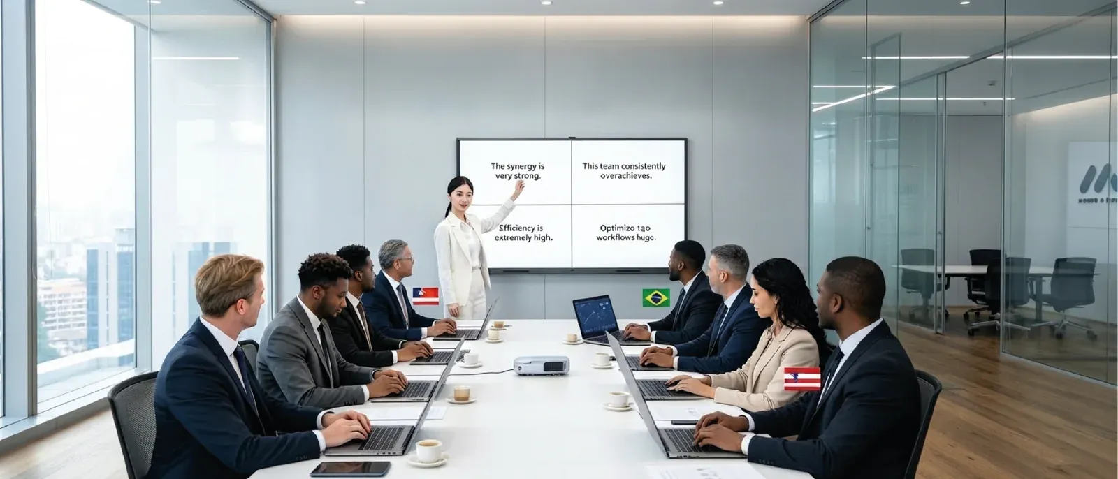 Sala de juntas con participantes de varios países y una pantalla QMaster que muestra la traducción en vivo de lo que se dice