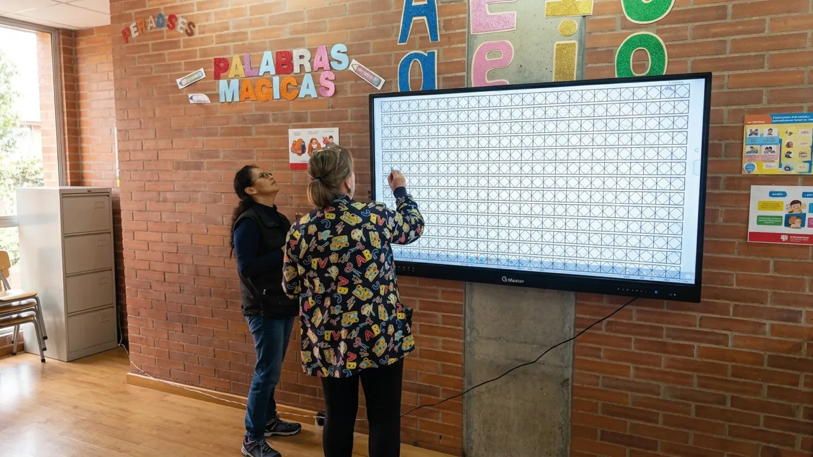 Aula de un colegio público de Bogotá: dos personas frente a la pantalla interactiva encendida, en un salón con decoración de letras en la pared.