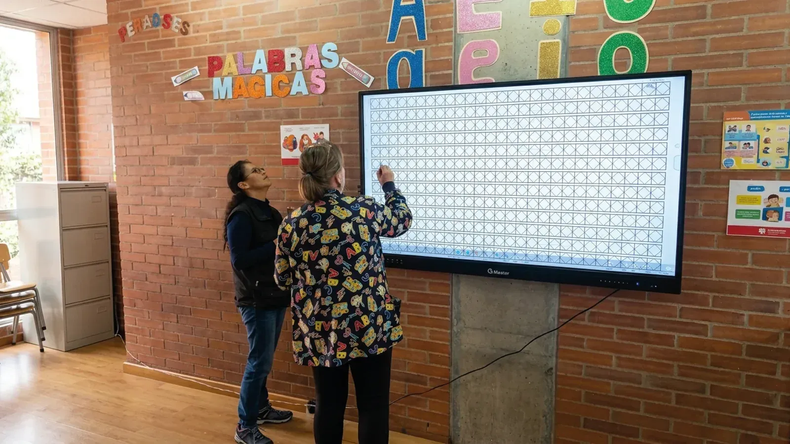 Aula de un colegio público de Bogotá: dos personas frente a la pantalla interactiva encendida, en un salón con decoración de letras en la pared.