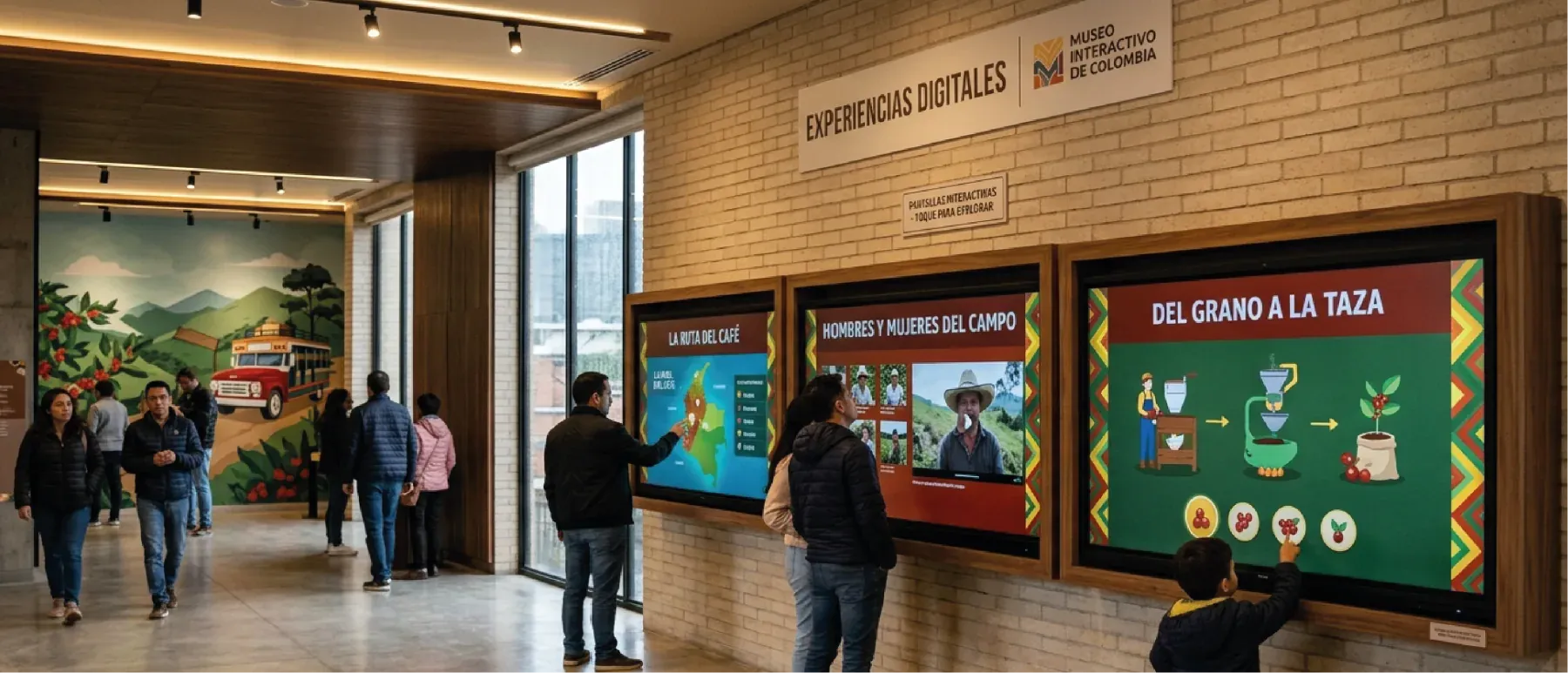 Espacio de exhibición con varias pantallas interactivas mostrando contenido de marca a los visitantes