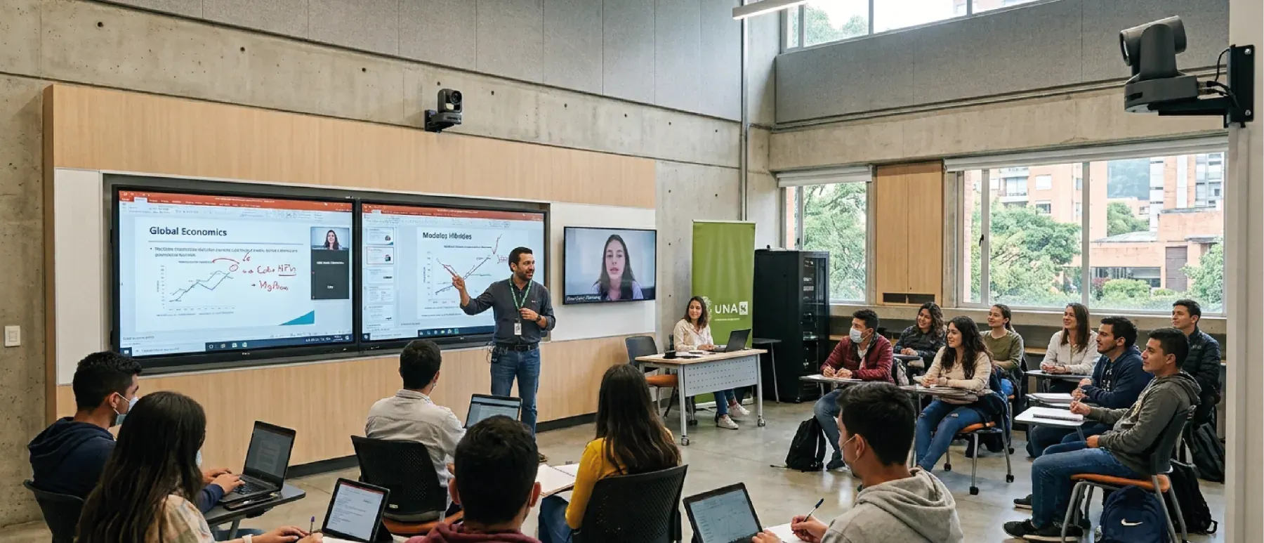 Aula con estudiantes presenciales frente a una pantalla interactiva que muestra a una participante conectada a distancia