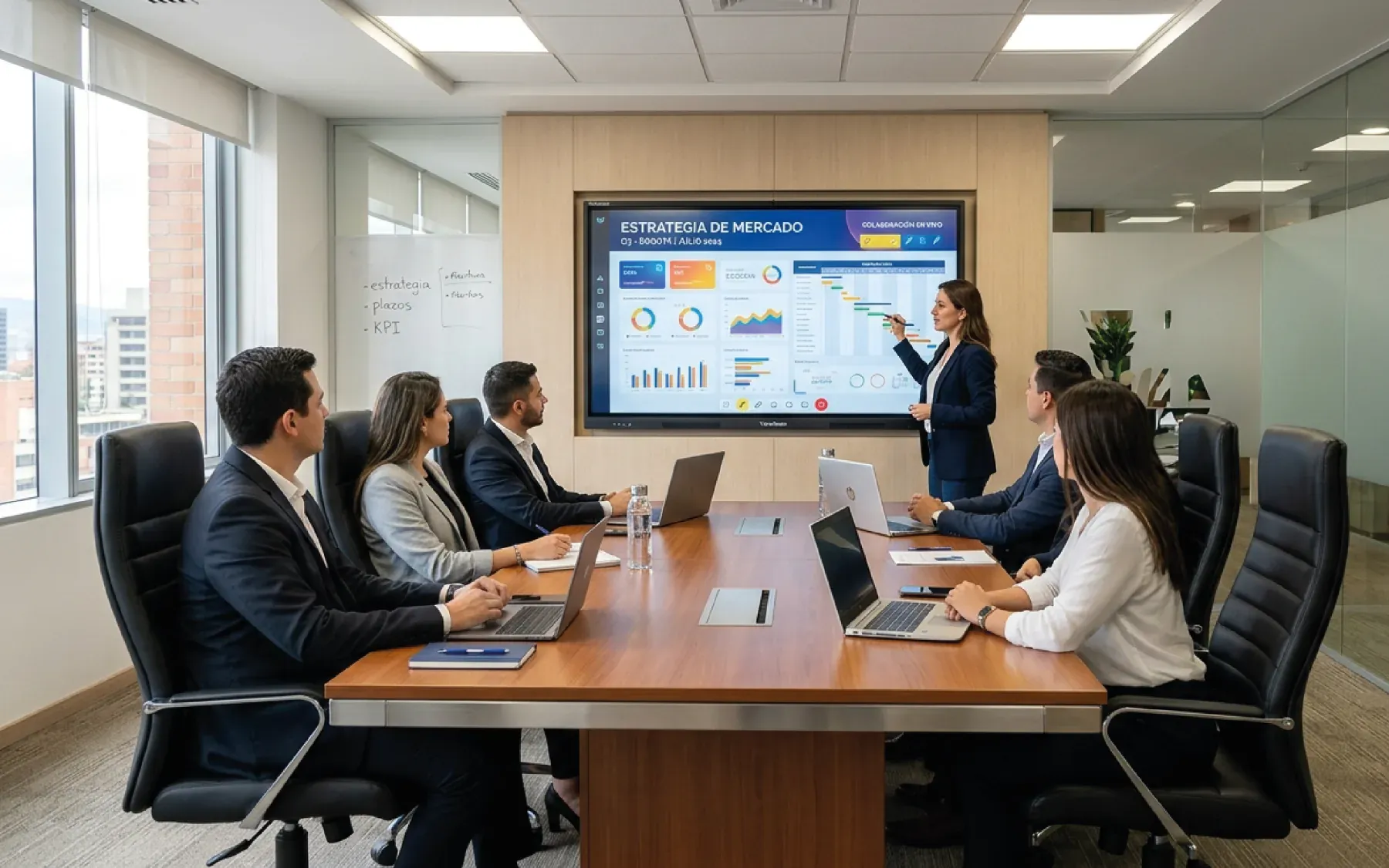 Sala de juntas con la mesa ocupada y una pantalla interactiva presentando un tablero de indicadores