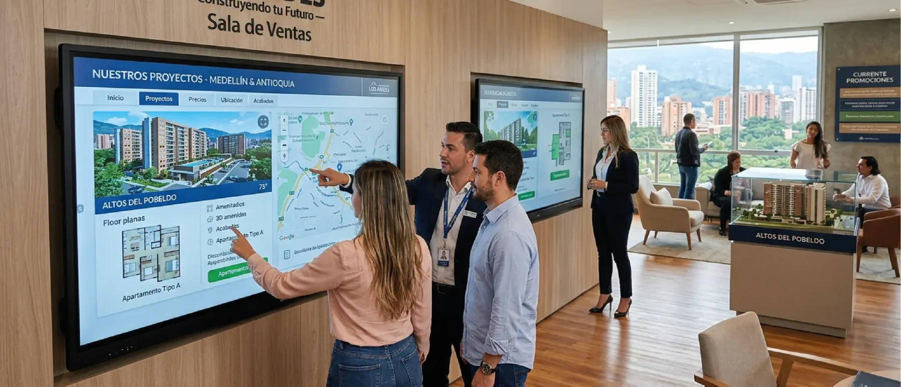 Asesores y clientes frente a una pantalla interactiva que muestra el plano de un proyecto inmobiliario