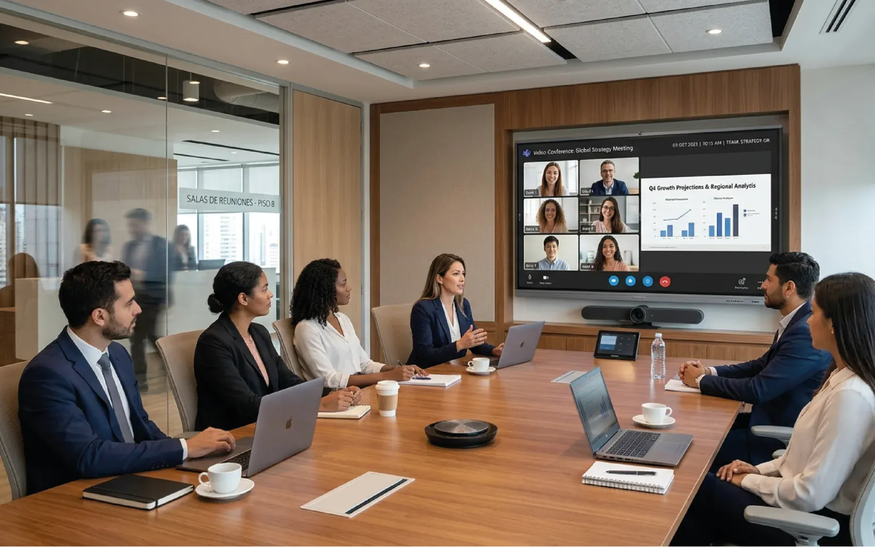 Sala de reuniones en videollamada, con los participantes remotos visibles en la pantalla del fondo