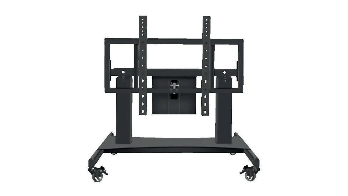 Soporte motorizado QMaster de frente, con su columna eléctrica, la base curva y las cuatro ruedas con bloqueo