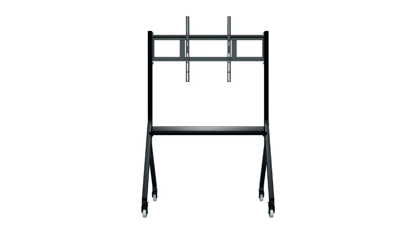 Soporte móvil graduable QMaster de frente, con su bandeja corrida, el colgante para la pantalla y las cuatro ruedas