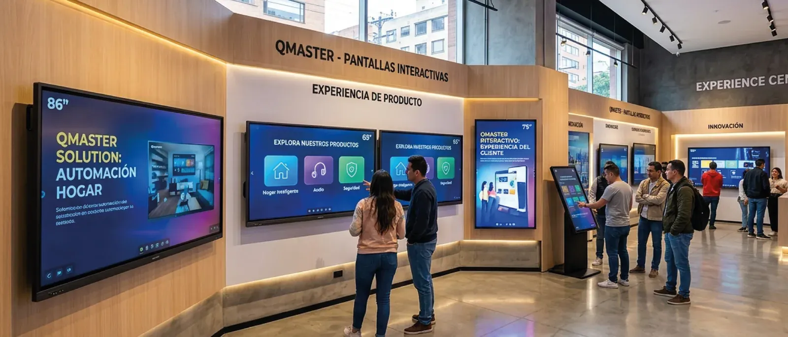 Sala de exhibición con pantallas QMaster en la pared mostrando catálogo de producto, y dos visitantes frente a una de ellas