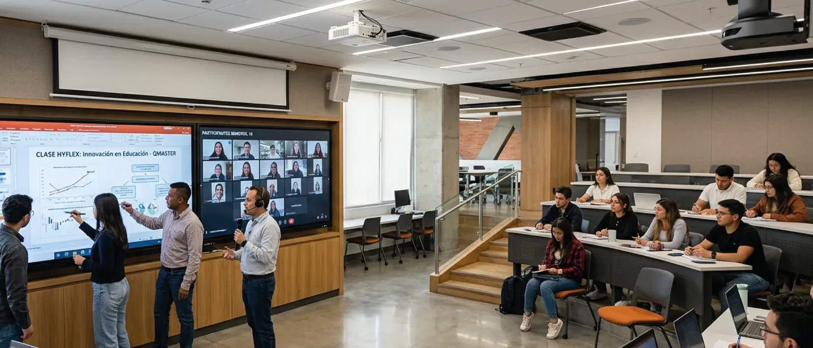 Aula HyFlex con los participantes remotos en cuadrícula sobre la pantalla QMaster, el docente explicando y estudiantes presenciales con portátiles