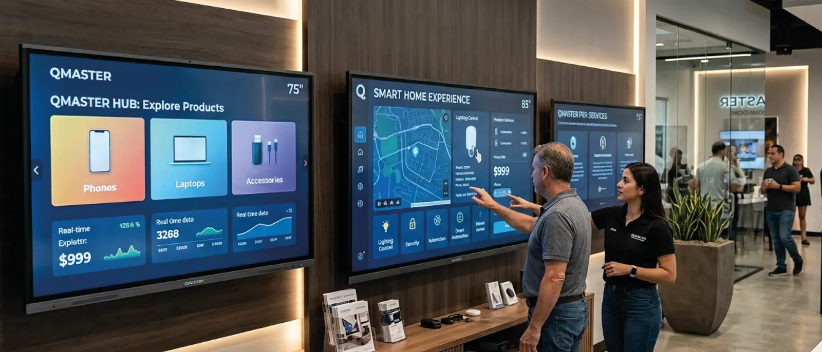 Asesora y cliente frente a una pantalla QMaster montada en pared, configurando un producto en la interfaz táctil