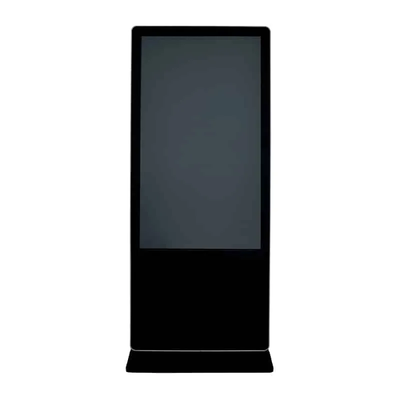 Tótem de señalización digital vertical de una cara, con la pantalla apagada y base rectangular, sobre fondo blanco